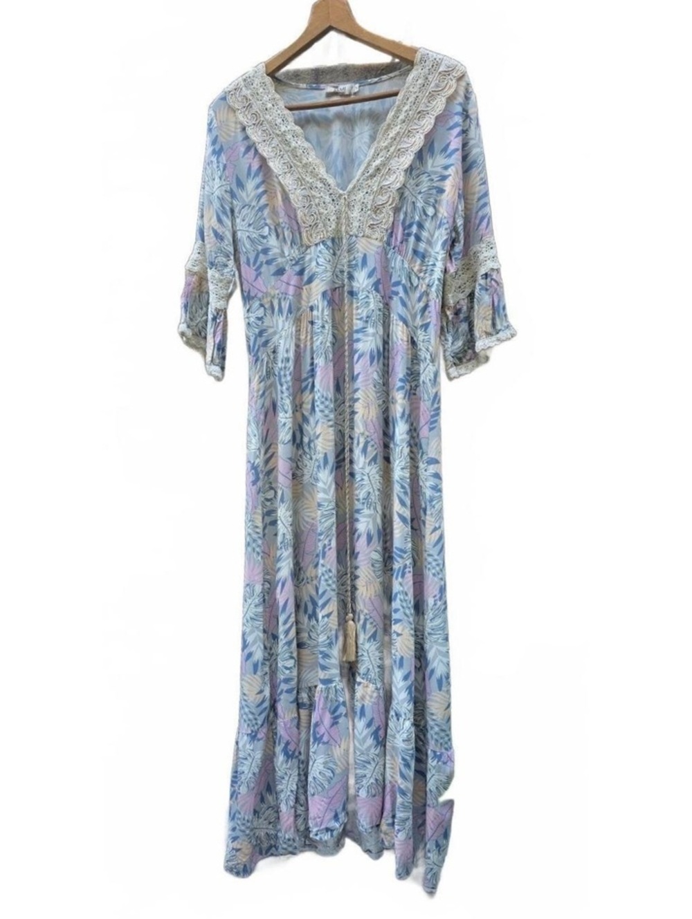 Kemi Coastal Summer Maxi Dress Med Botanical Print Crochet Detailing